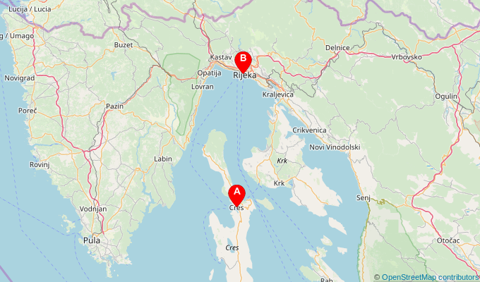 Map of ferry route between Cres and Rijeka